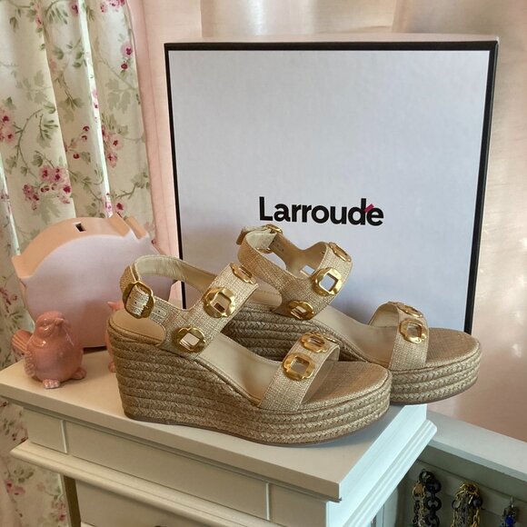 Larroude Milan Espadrille raffia beige wedge heels, sz. 8.5